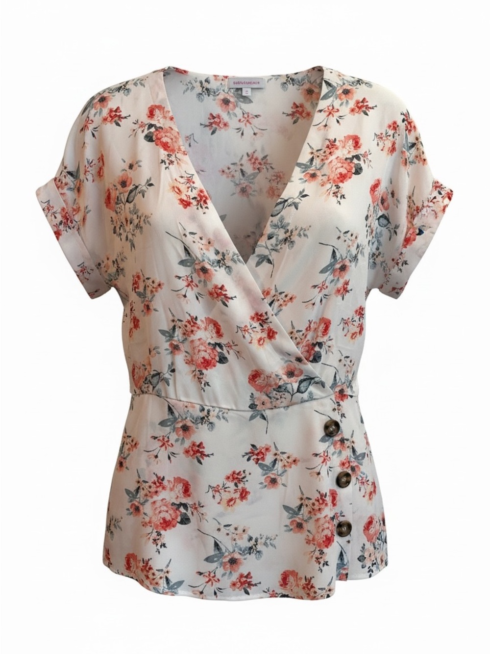 No Boundaries Floral Wrap Blouse - White Pink Coral